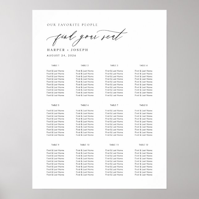 Sätesdiagram för elegant Bröllop Bord Poster (Framsidan)