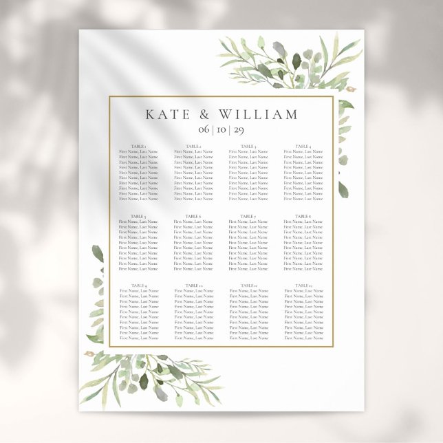 Sätesdiagram för elegant bröllop i grekiska eukaly poster (Elegant Wedding Greenery Eucalyptus Seating Chart)