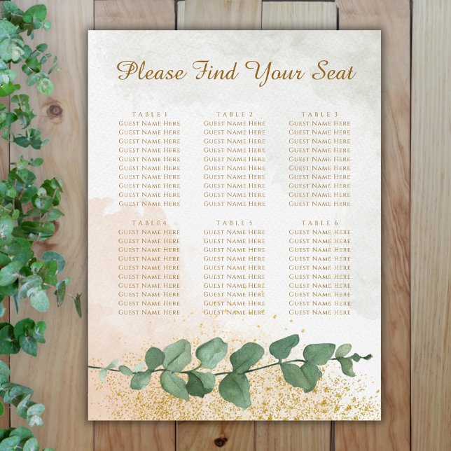 Sätesdiagram för elegant Grönt och Guld Bröllop Poster (Elegant Green & Gold Photo Wedding Seating Chart (6 Tables))