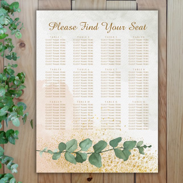 Sätesdiagram för elegant Grönt och Guld Bröllop Poster (Elegant Green & Gold Photo Wedding Seating Chart (12 Tables))