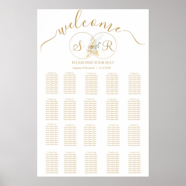 Sätesdiagram för elegant Guld Monogram Bröllop Poster (Framsidan)