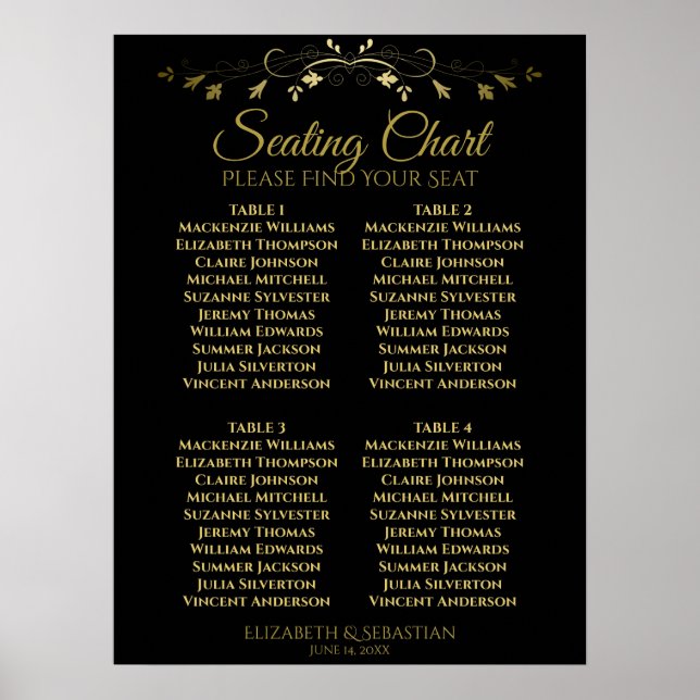 Sätesdiagram för elegant Guld & Svarta 4 Bord Bröl Poster (Framsidan)