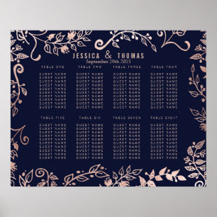 Sätesdiagram för elegant Navy Blue Ro Guld Blommig Poster