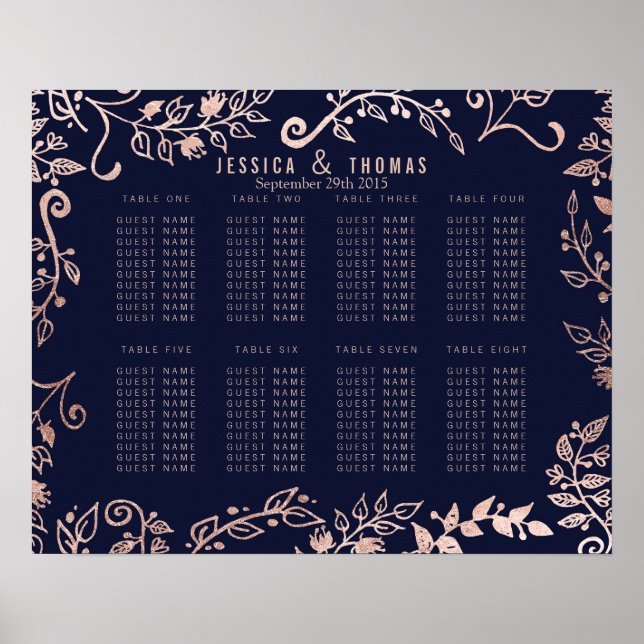 Sätesdiagram för elegant Navy Blue Ro Guld Blommig Poster (Framsidan)