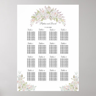 Sätesdiagram för elegant Rosa Vit ros Bröllop Poster