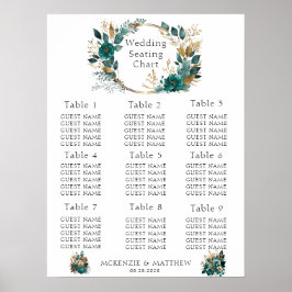 Sätesdiagram för elegant Teal och Guld Blommigt Br Poster