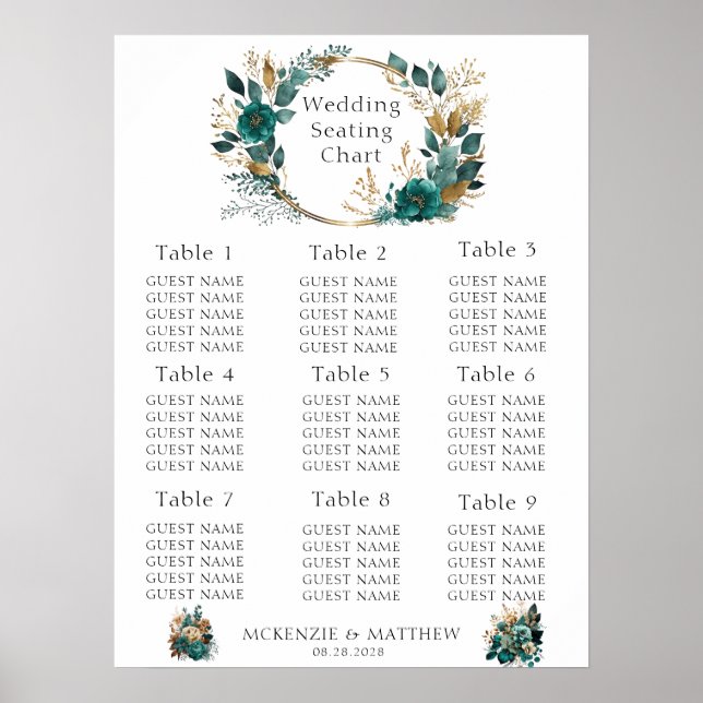 Sätesdiagram för elegant Teal och Guld Blommigt Br Poster (Framsidan)
