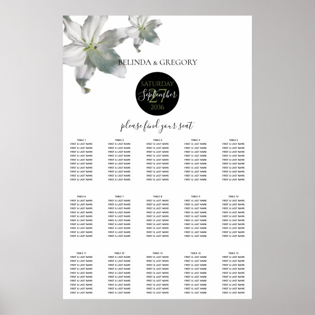 Sätesdiagram för elegant White Lilies Bröllop Poster (Framsidan)