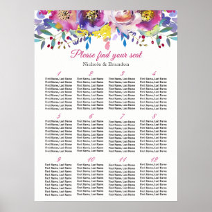 Sätesdiagram för Fuchsia blommigt 12 Bord Bröllop Poster