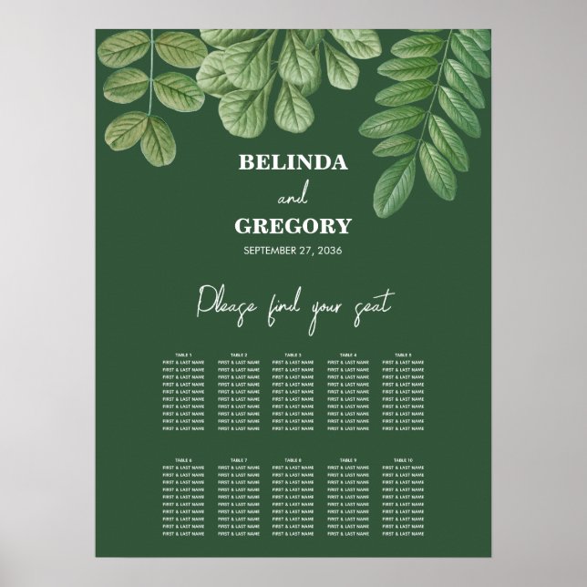 Sätesdiagram för Greenery Emerald Grönt Bröllop Poster (Framsidan)