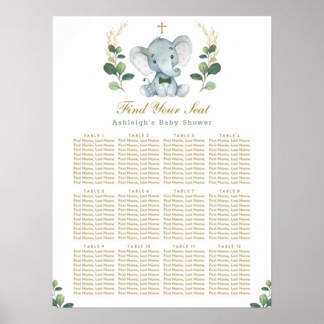Sätesdiagram för Grey Guld Elephant Baptism Poster (Framsidan)
