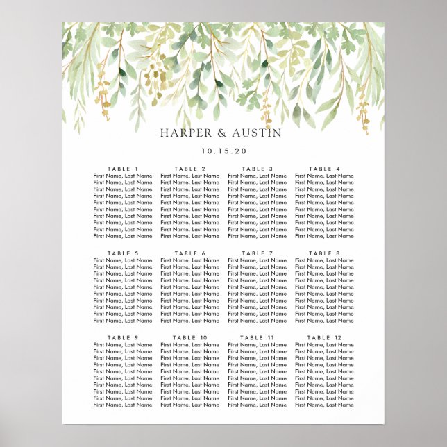Sätesdiagram för grönt Foliage Botanical Bröllop Poster (Framsidan)