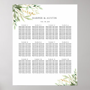Sätesdiagram för grönt Foliage Botanical Bröllop Poster