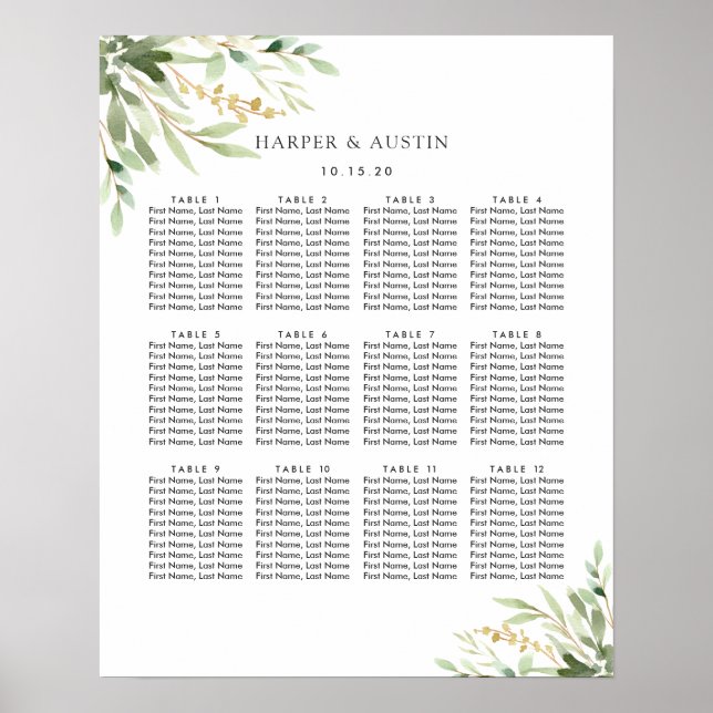Sätesdiagram för grönt Foliage Botanical Bröllop Poster (Framsidan)