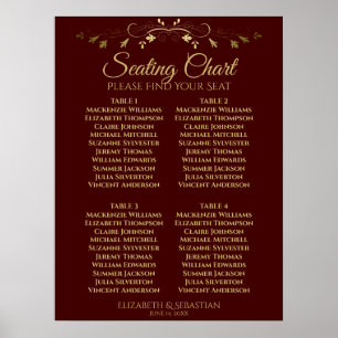 Sätesdiagram för guld & Auburn Brown 4 Bord Bröllo Poster