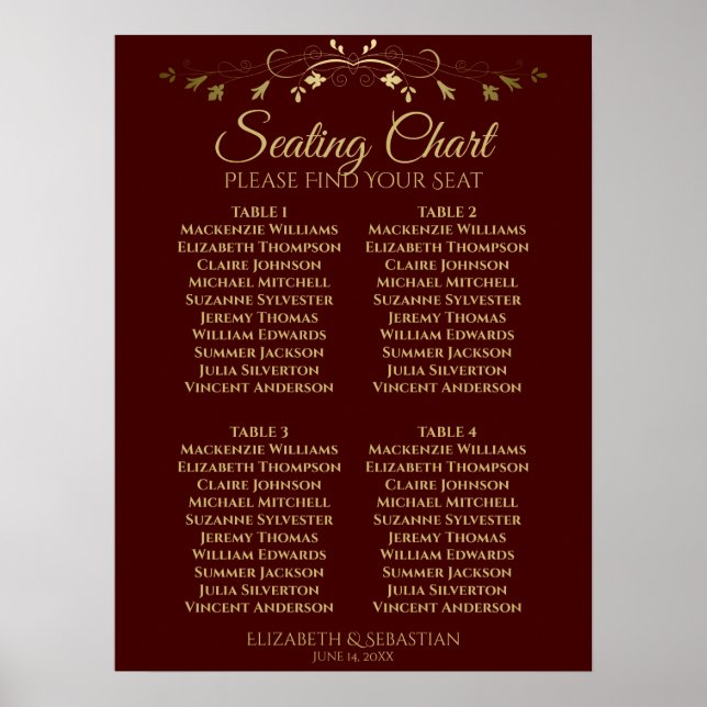Sätesdiagram för guld & Auburn Brown 4 Bord Bröllo Poster (Framsidan)