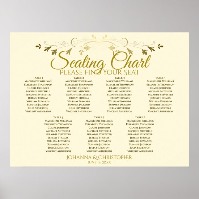 Sätesdiagram för guld & Cream Elegant 7 Bord Bröll Poster (Framsidan)