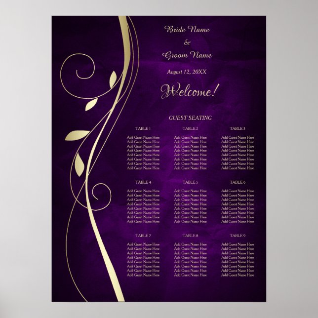 Sätesdiagram för guld Löv Lila Bröllop Poster (Framsidan)