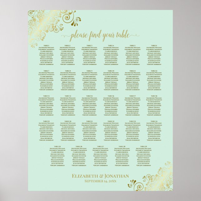 Sätesdiagram för guld & minnen Grönt 29 Bord Bröll Poster (Framsidan)
