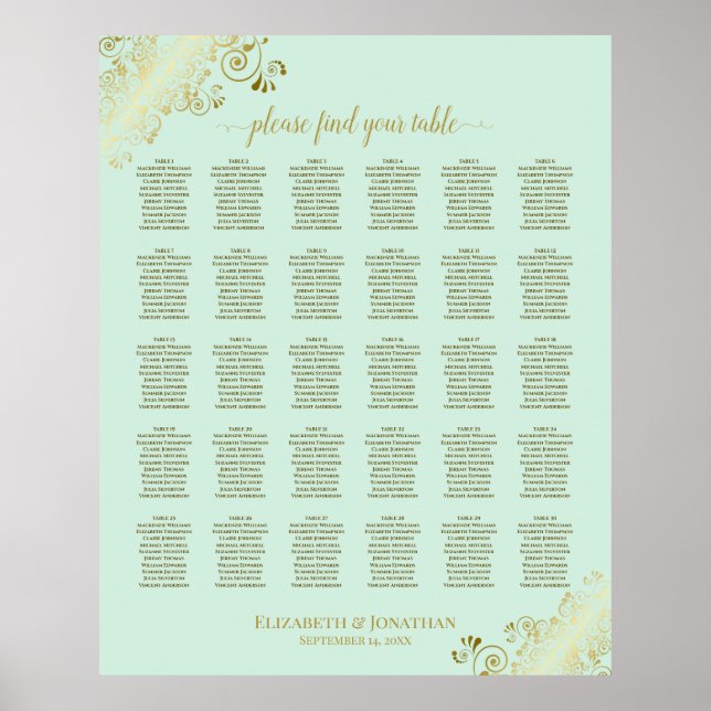 Sätesdiagram för guld & minnen Grönt 30 Bord Bröll Poster (Framsidan)