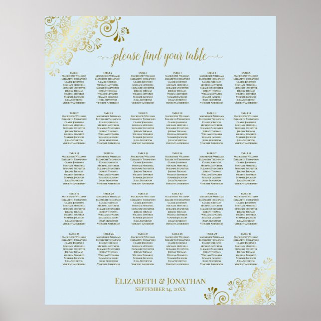 Sätesdiagram för guld & pulver Blue 30 Bord Bröllo Poster (Framsidan)