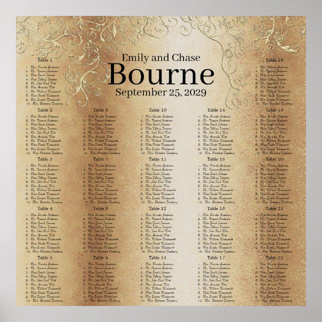 Sätesdiagram för guld Swirl Bröllop Poster (Framsidan)