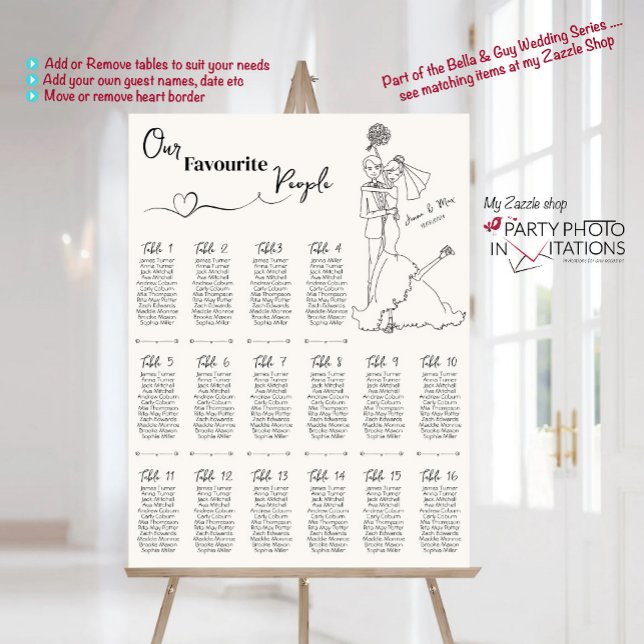 Sätesdiagram för hand plockade Bröllop Poster (Bella and Guy Hand drawn scribble Table Chart ...seating plan)