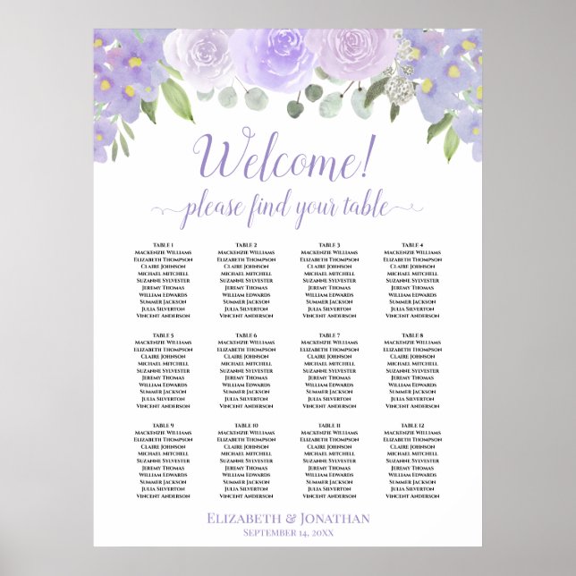 Sätesdiagram för Lavender Boho Ro 12 Bord Bröllop Poster (Framsidan)