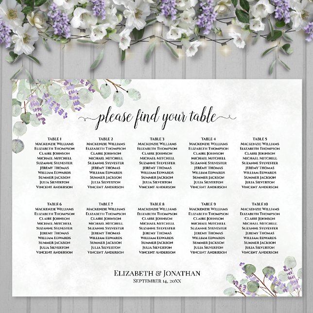 Sätesdiagram för Lavender Eucalyptus 10 Bord Bröll Poster (In Situ on Wall with Flowers)