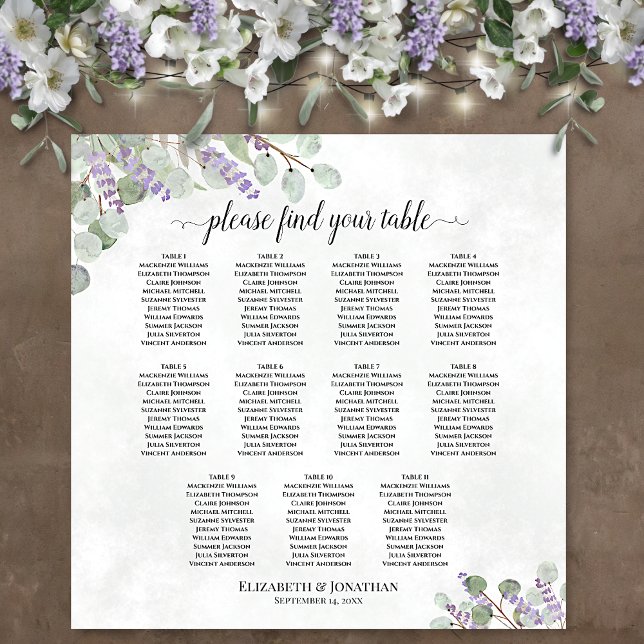 Sätesdiagram för Lavender Eucalyptus 11 Bord Bröll Poster (In Situ on Wall with Flowers)