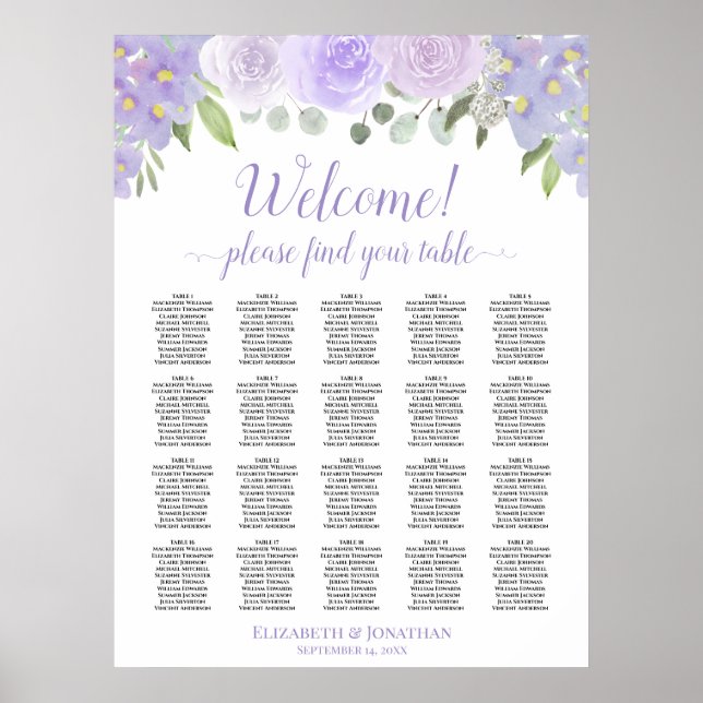 Sätesdiagram för Lavender Ro 20 Bord Boho Bröllop Poster (Framsidan)