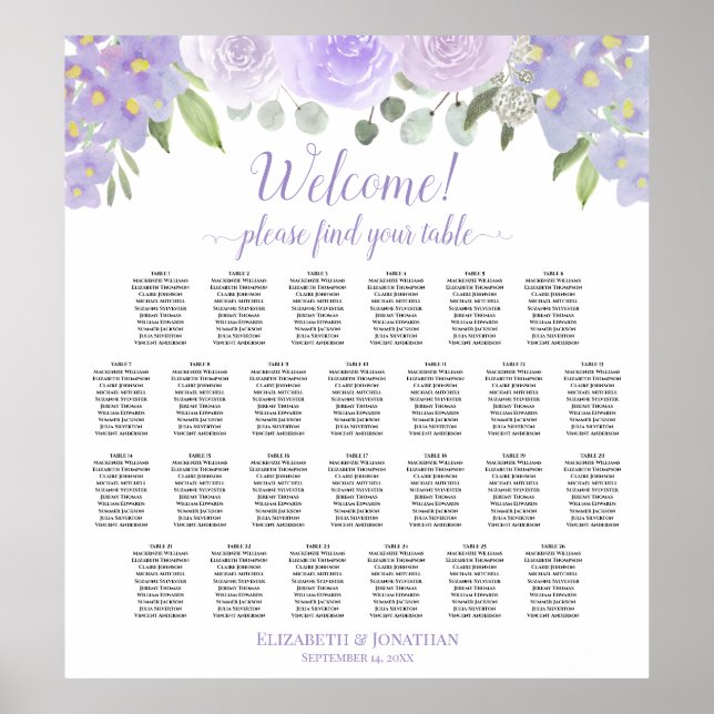 Sätesdiagram för Lavender Ro 26 Bord Boho Bröllop Poster (Framsidan)