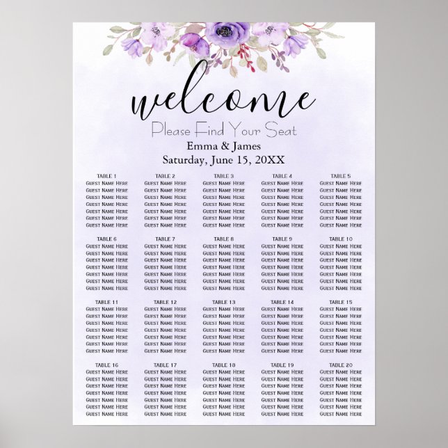 Sätesdiagram för lila Blommigt Bröllop Poster (Framsidan)