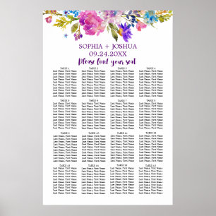 Sätesdiagram för lila Rosa och Blåa blommor Bröllo Poster