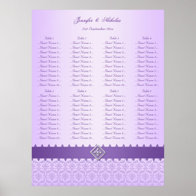 Sätesdiagram för Lilac & Lila Damask Ribbon Bröllo Poster (Framsidan)
