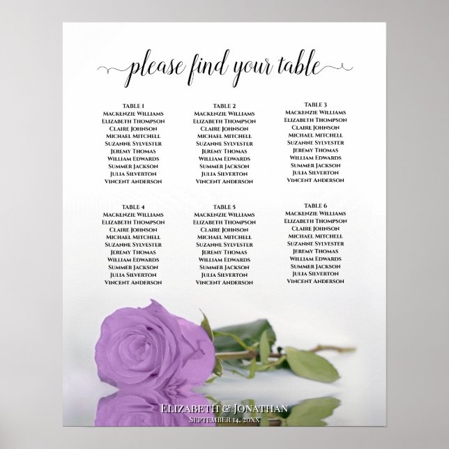 Sätesdiagram för Lilac Lila Ro 6 Bord Bröllop Poster (Framsidan)
