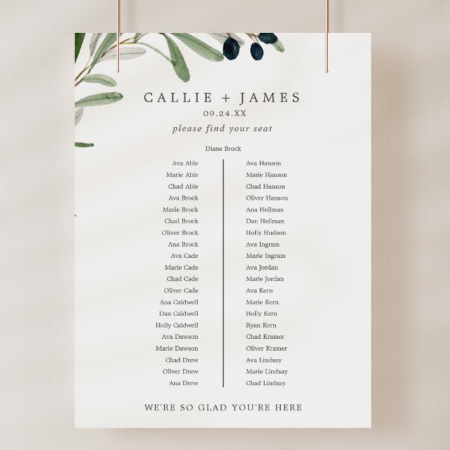 Sätesdiagram för modern Olive Banquet Bord Bröllop Poster (Modern Olive Banquet Table Wedding Seating Chart)