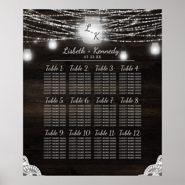 Sätesdiagram för oak Ridge Rustic Wood Bröllop Bor Poster (Framsidan)