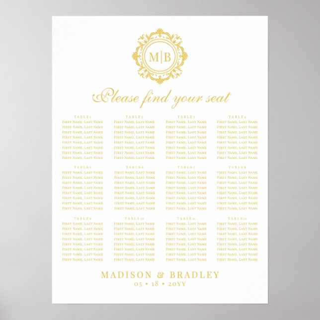 Sätesdiagram för Ornate Blommigt Monogram Guld Brö Poster (Framsidan)