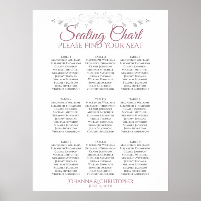 Sätesdiagram för ro & vit Elegant 9 Bord Bröllop Poster (Framsidan)