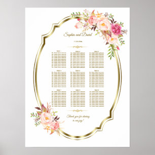 Sätesdiagram för rosa Blommigten Guld Ram Bröllop Poster