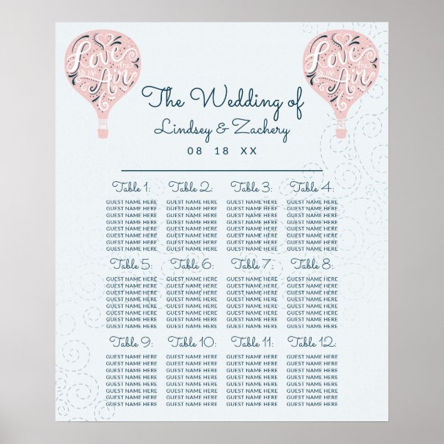 Sätesdiagram för rosa Luftballong Bröllop Bord Poster (Framsidan)