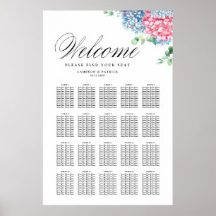 Sätesdiagram för rosa och blå Hydrangeas Bröllop Poster