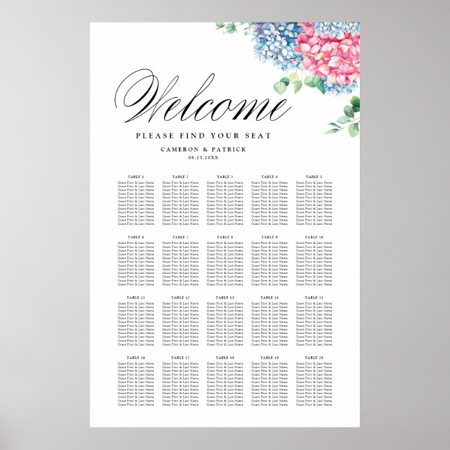 Sätesdiagram för rosa och blå Hydrangeas Bröllop Poster (Framsidan)