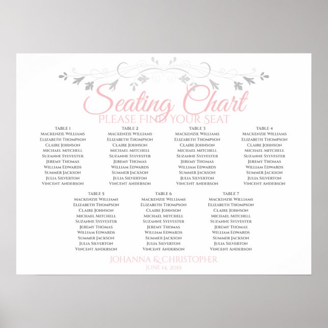 Sätesdiagram för rosa och Grått 7 Bord Bröllop Poster (Framsidan)