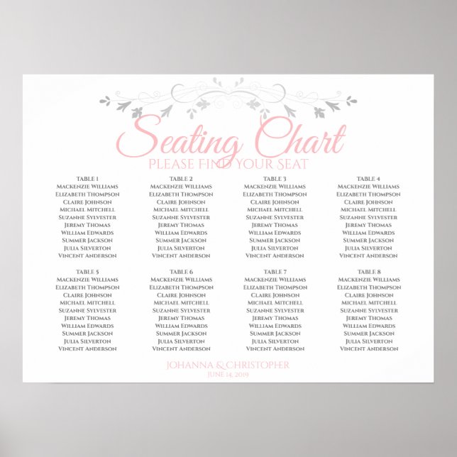 Sätesdiagram för rosa och Grått 8 Bord Bröllop Poster (Framsidan)