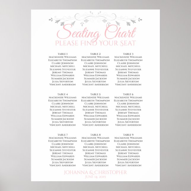 Sätesdiagram för rosa och Grått 9 Bord Bröllop Poster (Framsidan)