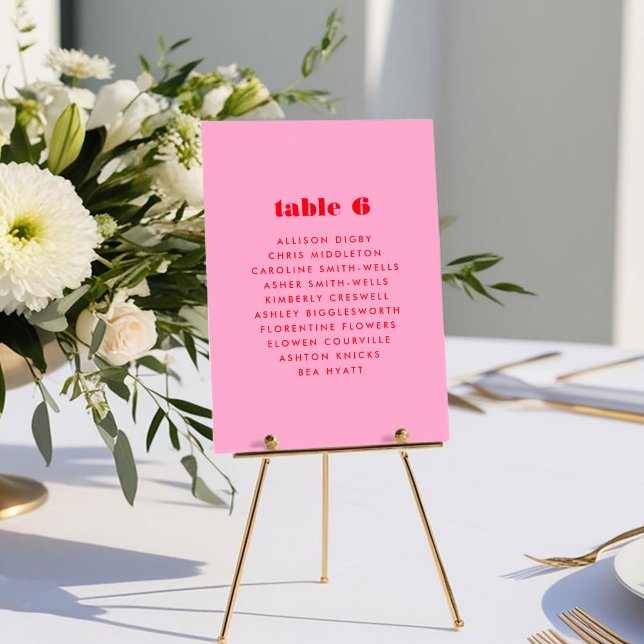 Sätesdiagram för rosa och rödfet typografi Bord (Pink and Red Bold Typography Wedding Table Seating Chart Card)