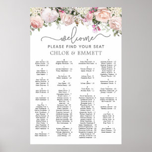 Sätesdiagram för rosa ros Alfabetiskt Bröllop Poster