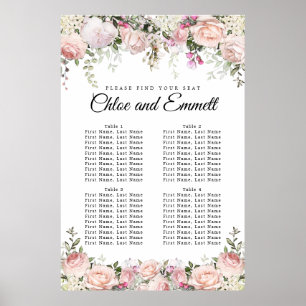 Sätesdiagram för stora Rosor Blommigt 4-Bord Bröll Poster